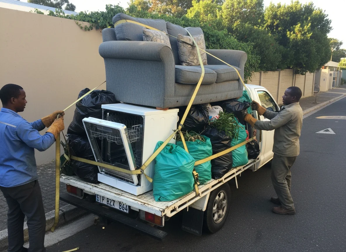 Loaded bakkie with mixed household junk at a Vanderbijlpark suburb kerb