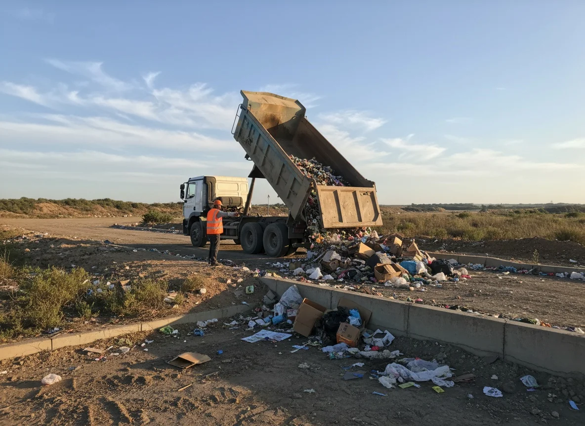 Tipper truck offloading mixed waste at an Emfuleni landfill weighbridge in the Vaal
